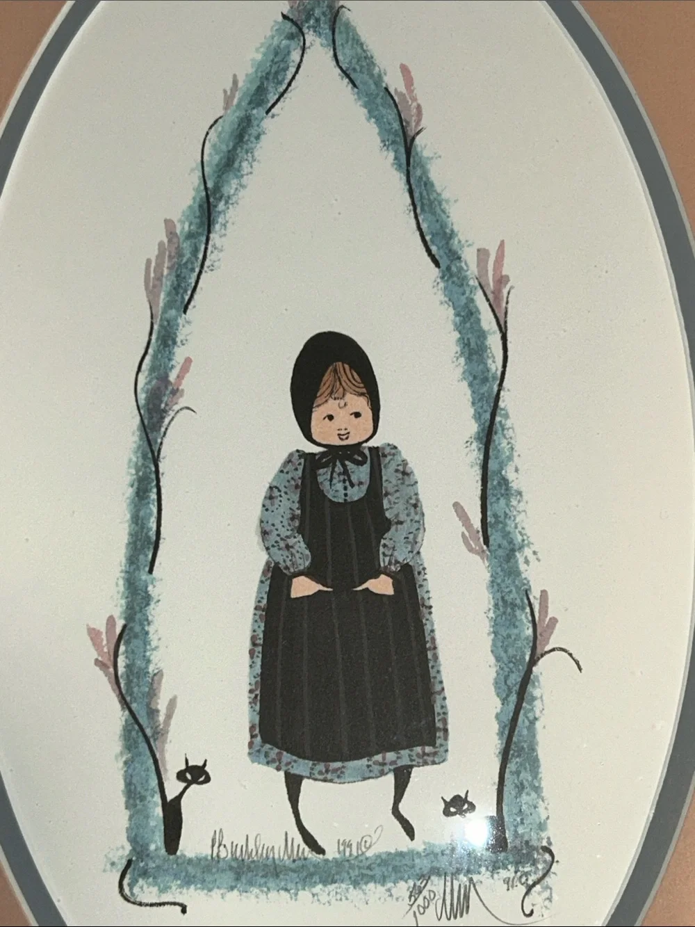 P. Buckley Moss Professionally Framed Amish Boy Adam and Girl with Black Cats